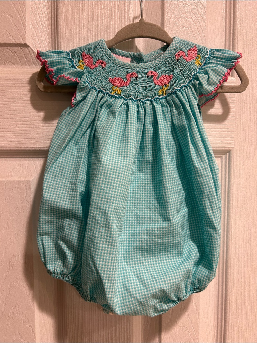 Petit Bebe Aqua Gingham bubble with Pink Flamingo Smocking | 3mo